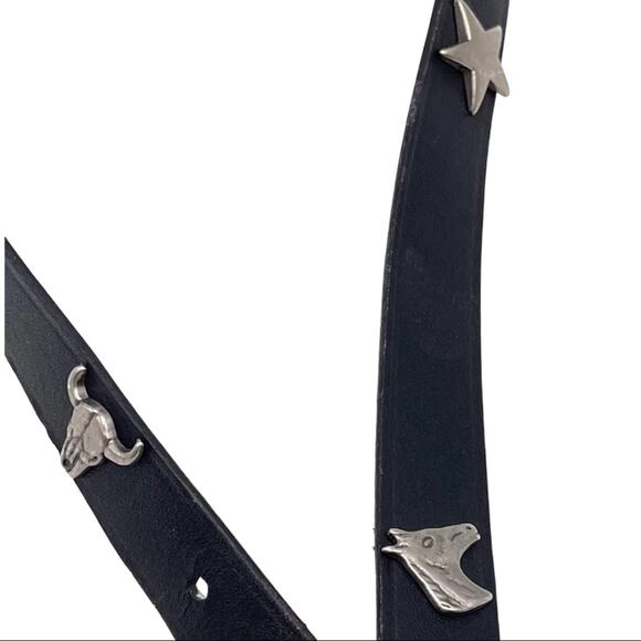 WESTERN Boho belt with conchos black leather silver pewter tip and buckle LARGE